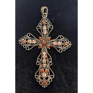 Vintage 4" Ornate Filigree Cross Pendant Amber Rhinestone Statement Jewelry